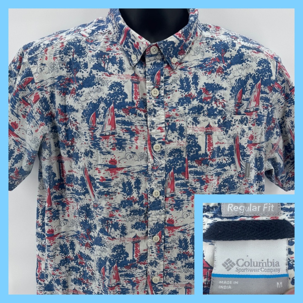 Columbia Men's Short Sleeve Button Down Shirt Lighthouse‎ Sailboat Print M